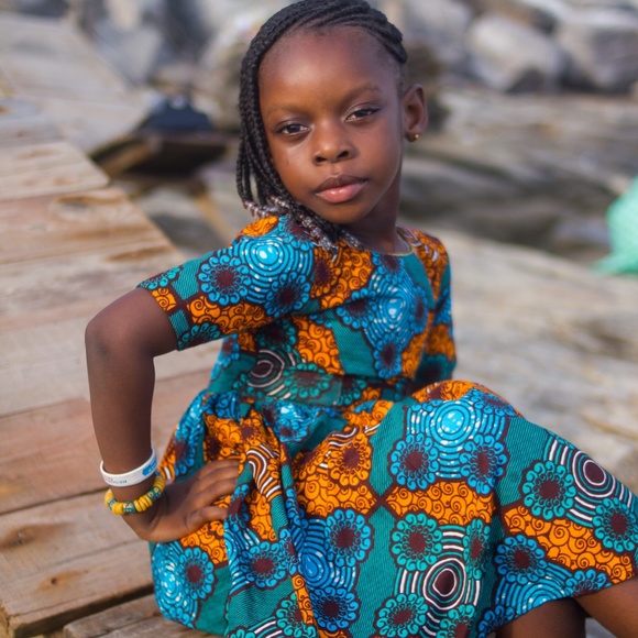 African Girl's Blue Ankara Print Dress - Picture 3 of 5